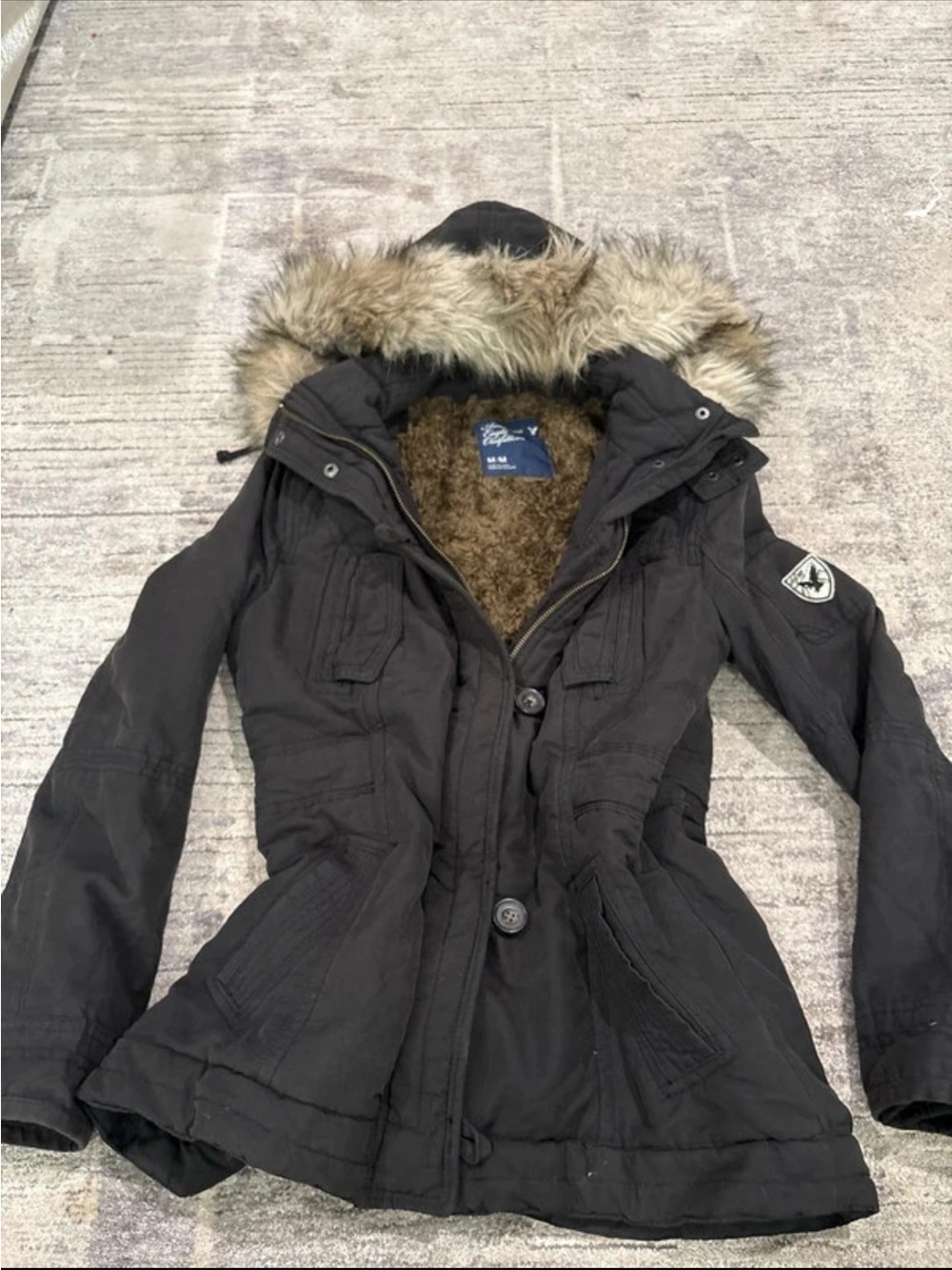American Eagle Outfitters Black Hooded Fur Lined Coat with faux Fur hood